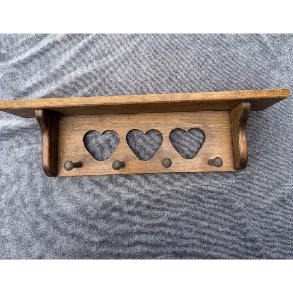 CottageCore Wooden Wall Shelf with Heart Cutouts and Hanging Pegs Vintage